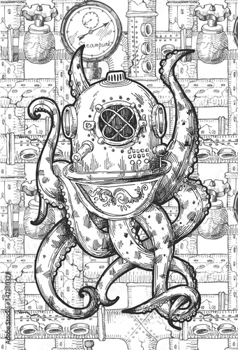 Octopus in a old diving helmet. Hand drawn vector illustration.