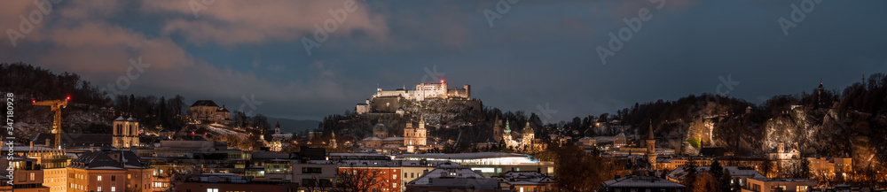 Panoramic night view of Festung hohensalzburg and Salzburg Cathe