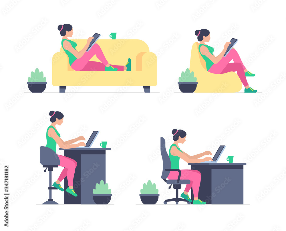 Working at home. Woman working on laptop and computer, tablet. Flat Style Working at home. Woman working on laptop and computer, tablet. Flat Style