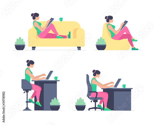 Working at home. Woman working on laptop and computer, tablet. Flat Style