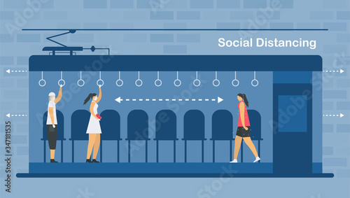 Social distancing in electric train. Sit and stand away from sick people. Save life from coronavirus outbreak. Vector illustration designs in flat style.
