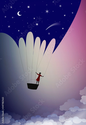 night is coming, concept of childhood night dream, girl silhouette flying and holding night sky, flight to the dreamland,