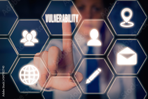 Conceptual hand writing showing Vulnerability. Concept meaning State of being exposed to the possibility of being attacked