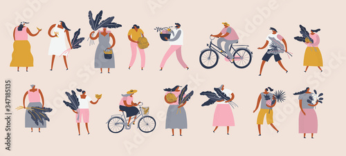 Men and women cartoon characters in flat style, with exotic tropical fruits flowers and  banana leaves, vector illustration.
