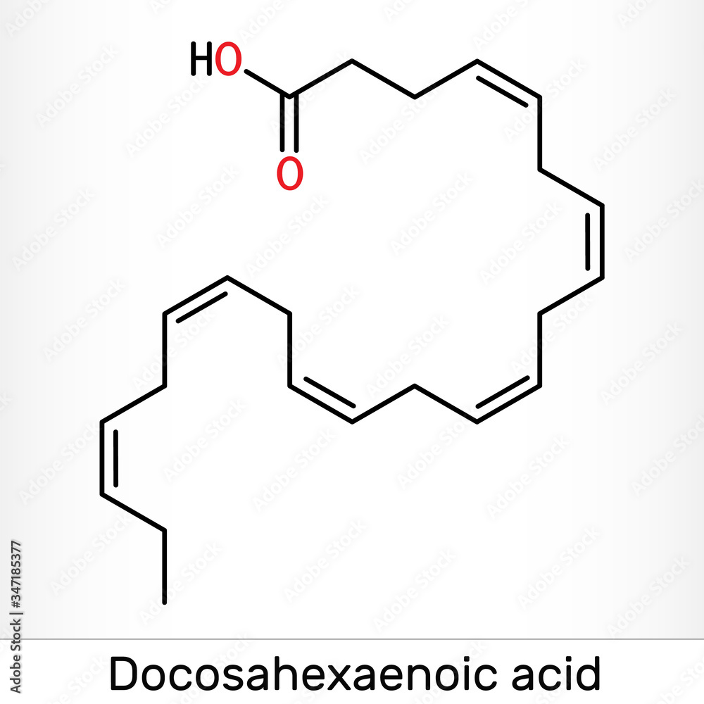 Docosahexaenoic acid, DHA, doconexent, cervonic acid molecule. It is omega-3 fatty acid. Skeletal chemical formula Docosahexaenoic acid, DHA, doconexent, cervonic acid molecule. It is omega-3 fatty acid. Skeletal chemical formula