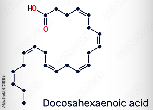 Docosahexaenoic acid, DHA, doconexent, cervonic acid molecule. It is omega-3 fatty acid. Skeletal chemical formula