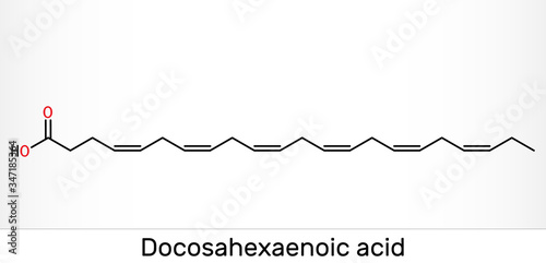 Docosahexaenoic acid, DHA, doconexent, cervonic acid molecule. It is omega-3 fatty acid. Skeletal chemical formula