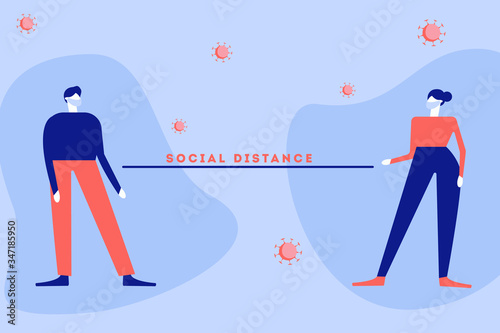 man and woman character wearing surgical or medical face mask maintain social distancing to prevent from virus spreading and flu prevention. coronavirus, social isolation and self quarantine concept. 