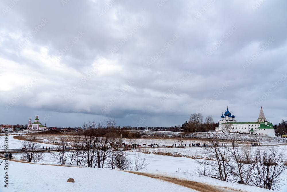 Picturesque winter view of Suzdal, Russia. The Golden ring of Russia. The White Monuments of Vladimir and Suzdal in Russian Federation