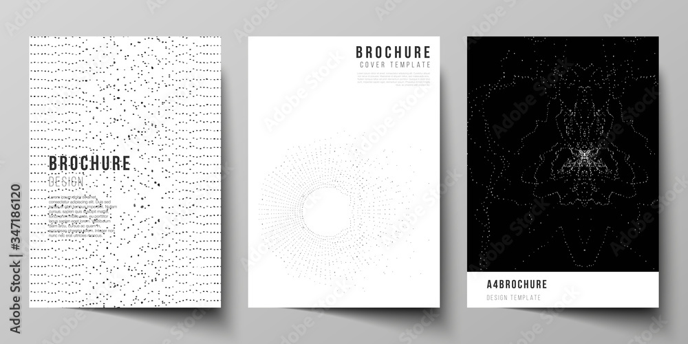 The vector layout of A4 format modern cover mockups design templates for brochure, magazine, flyer, booklet. Trendy modern science or technology background with dynamic particles. Cyberspace grid.