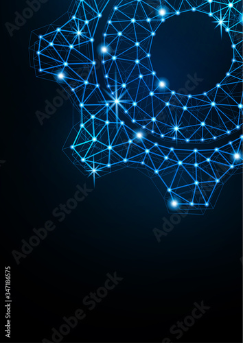 Glowing gear icon with glare effect on a black background with backlight. Grid gear icon shiny polygon mesh frame. Vector.