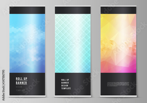 The vector illustration of the editable layout of roll up banner stands, vertical flyers, flags design business templates. Abstract geometric pattern with colorful gradient business background.