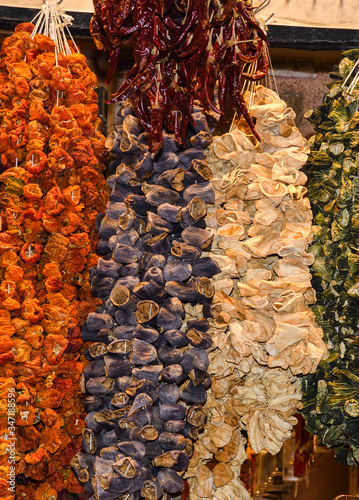 Dried vegetables hanging at the Grand Bazaar Turkey
