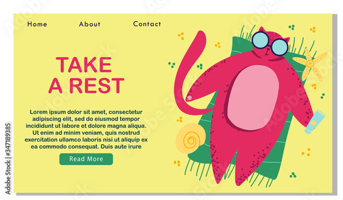 Pink cat floating on yellow green float. Top air view. Pool party. Sunglasses Hello Summer banner flyer. Palm tree leaf Cute cartoon relaxing character. Take a rest, landing banner