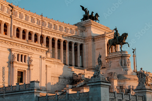 Monument to Victor Emmanuel II, vittoriano at sunset, against the blue sky, Rome, Italy