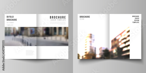 Vector layout of two A4 cover mockups design templates for bifold brochure, flyer, cover design, book design, brochure cover. Abstract halftone effect decoration with dots. Dotted pattern decoration.