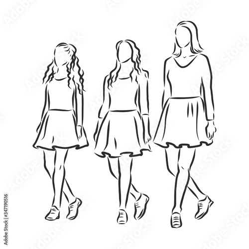 Irish Dance Troupe Jumping Together in Traditional Dresses and Ghillies. Irish dancing vector sketch illustration