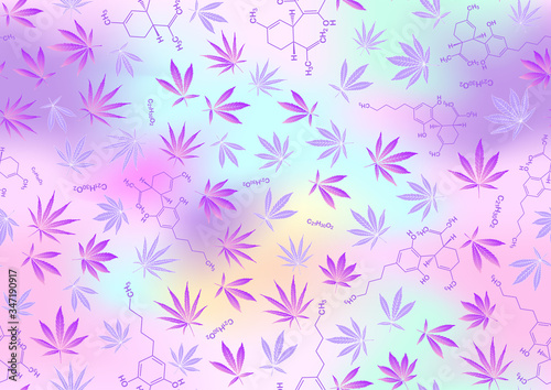 Cannabis leaves and cbd, cannabidiol formula seamless pattern, background. Vector illustration in light ultra violet pastel colors on mesh pink, blue background.