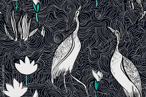 Pond with Heron and Lotus Seamless Pattern  Black and White Exotic Indian Design  Birds in Flowers in Lake Black Background  Doodle Illustration Oriental Design