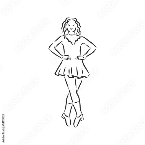 Irish Dance Troupe Jumping Together in Traditional Dresses and Ghillies. Irish dancing vector sketch illustration