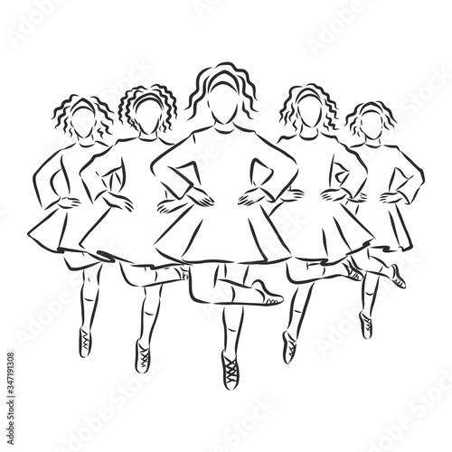 Irish Dance Troupe Jumping Together in Traditional Dresses and Ghillies. Irish dancing vector sketch illustration