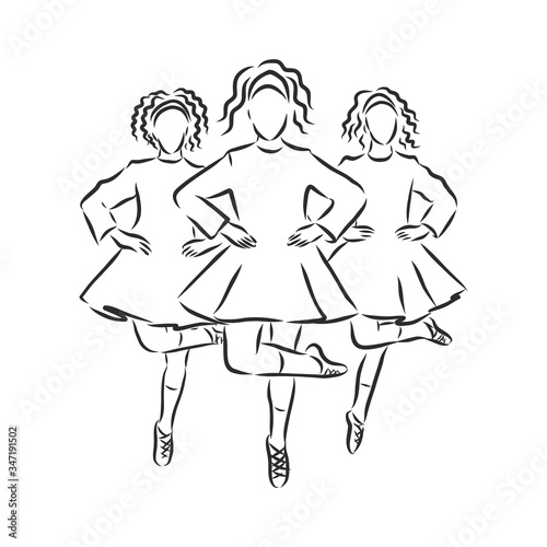 Irish Dance Troupe Jumping Together in Traditional Dresses and Ghillies. Irish dancing vector sketch illustration