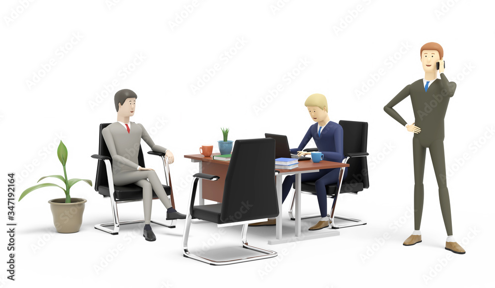 Three colleagues communicate and discuss some problems in the office. 3D illustration Three colleagues communicate and discuss some problems in the office. 3D illustration