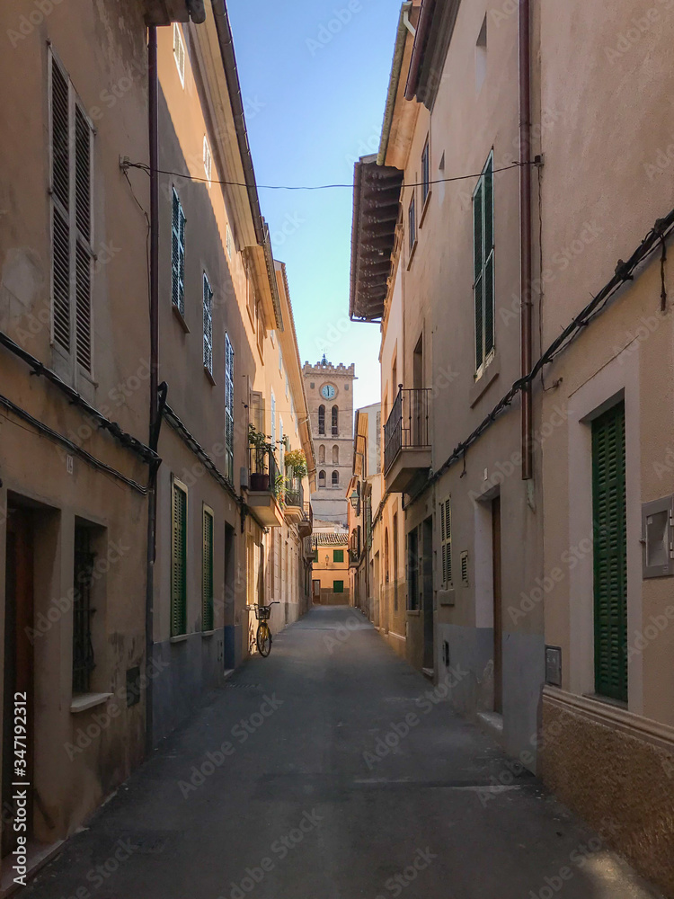 Old town alley in Pollenca, Majorca (Mallorca), Spain.