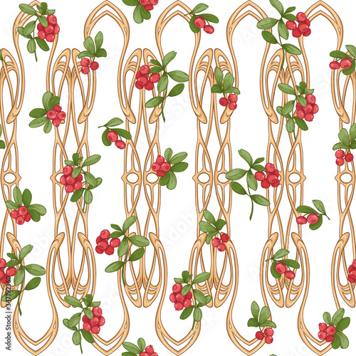 Cranberry in a decorative imitation of a wicker basket made of twigs. Seamless pattern, background. Graphic drawing, engraving style. Vector illustration isolated on white background..