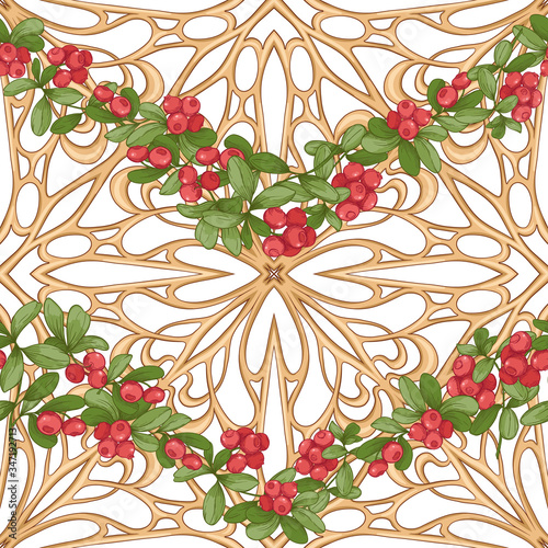 Cranberry in a decorative imitation of a wicker basket made of twigs. Seamless pattern, background. Graphic drawing, engraving style. Vector illustration isolated on white background..