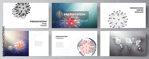 Vector layout of the presentation slides design business templates, multipurpose template for presentation report. 3d medical background of corona virus. Covid 19, coronavirus infection. Virus concept