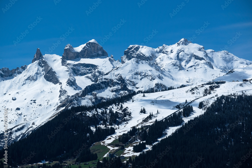 Mountain Landscape in Spring break, with snow on top of the Mountains, Vorarlberg, Montafon, Austria, Europe