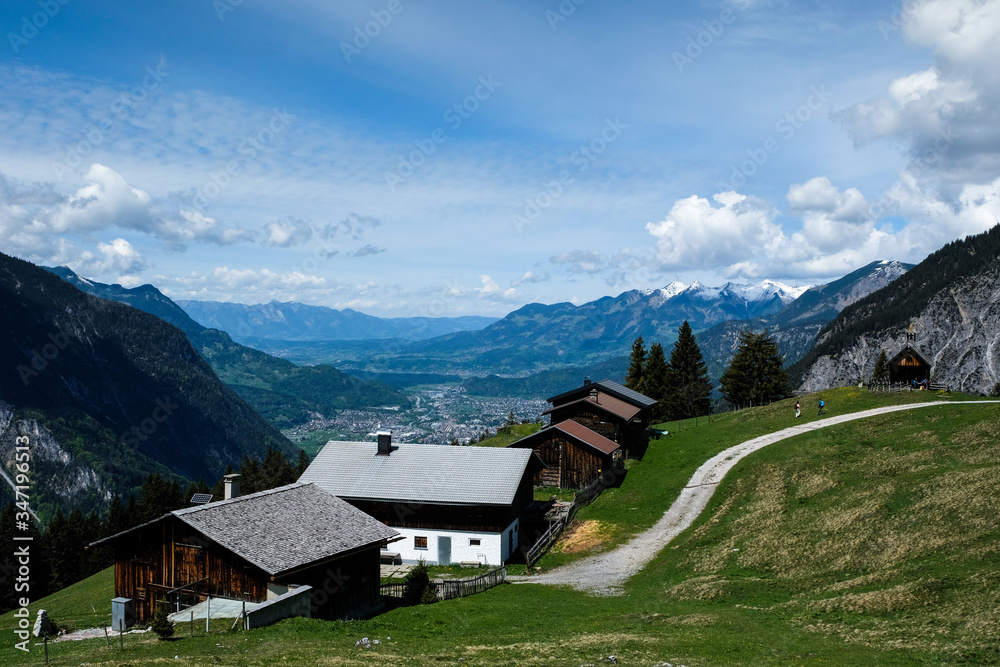 Springtime in Vorarlberg, with snow on top of the mountains, Montafon, Vorarlberg, Austria, Europe