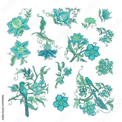 Fantasy flowers in retro, vintage, jacobean embroidery style. Element for design. Colored vector illustration Isolated on white background..