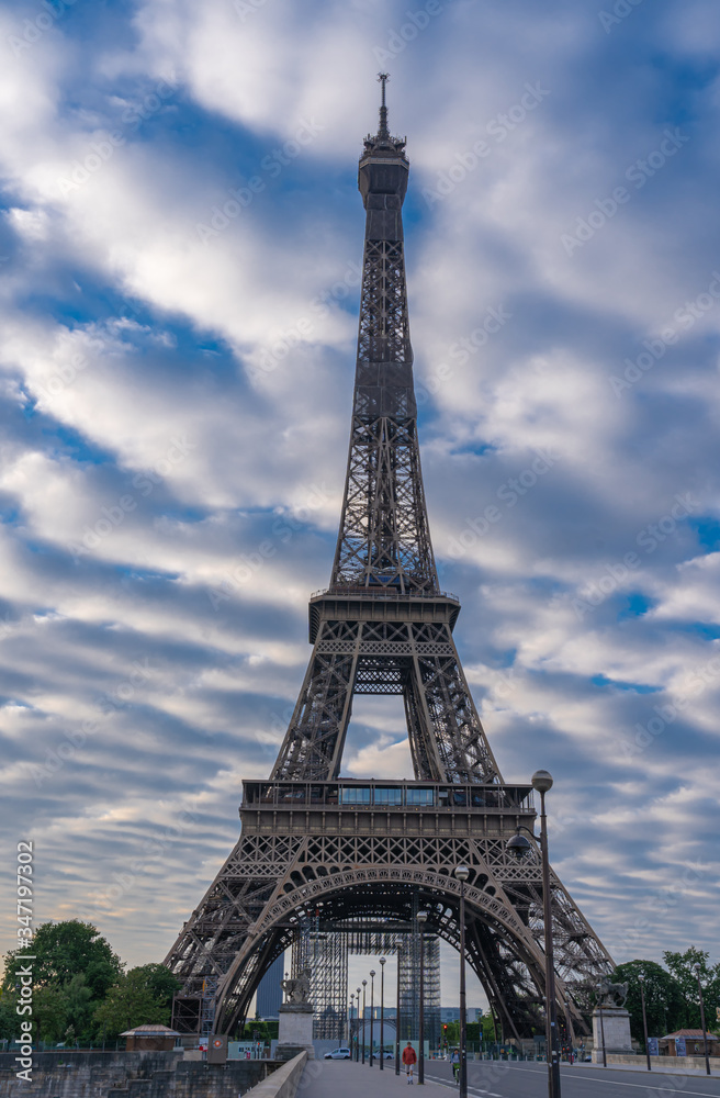 Paris, France - 05 06 2020: Quays of the Seine. View of Eiffel Tower from Iena Bridge during confinement against coronavirus