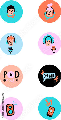 Vector blogger icons in a trendy style.A set of colorful podcast doodles design templates for icons and emblems-the highlight of the history of social networks.