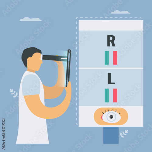 Eyesight testing with smartphone.New technology for vision checking. Health appilaction innovation. Vector elements isolated on blue background.