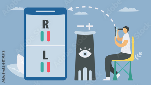 Eyesight testing with smartphone.New technology for vision checking. Health appilaction innovation. Vector elements isolated on blue background.