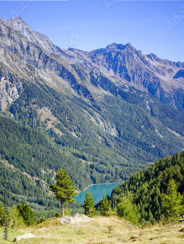 bright blue mountain lake under blue sky with woods, stones and snow