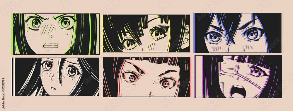Obraz premium Six pairs of Asian Eyes look. Neon effect. Manga style. Japanese cartoon Comic concept. Anime characters. Hand drawn trendy Vector illustration. Pre-made prints. Every illustration is isolated