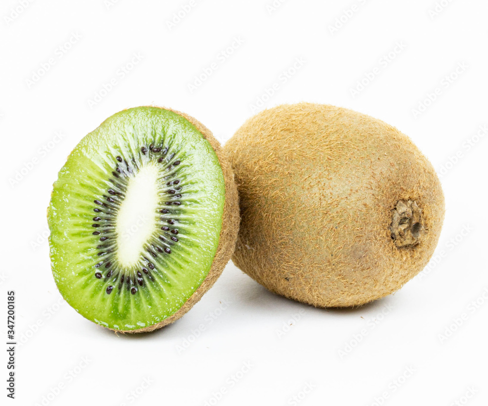 Ripe kiwi fruit and half kiwi fruit isolated on white background Ripe kiwi fruit and half kiwi fruit isolated on white background
