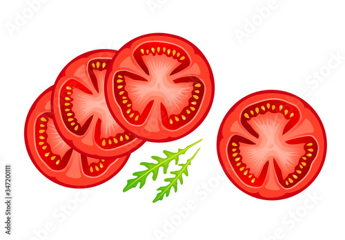Sliced tomato isolated over white background. Realistic red slices of tomato and arugula leaves. Ripe vegetable, round pieces for salad or other healthy meal. Vector illustration, easy to edit.