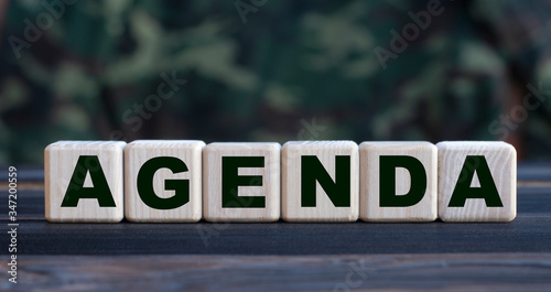 The word AGENDA on cubes on a beautiful camouflage background