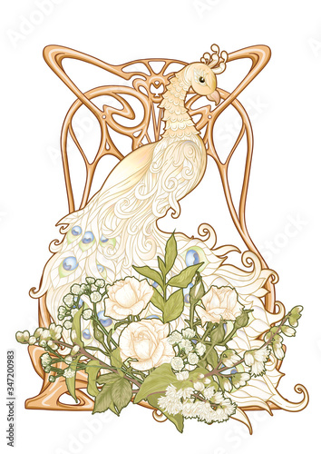 Poster with peacock and roses in art nouveau style, vintage, old, retro style. In Art deco style. Colored vector illustration.