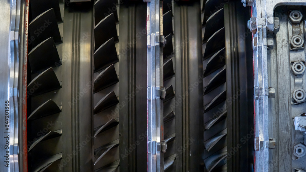 Jet engine of an airplane. Turbine blades. Jet engine of an airplane. Turbine blades.