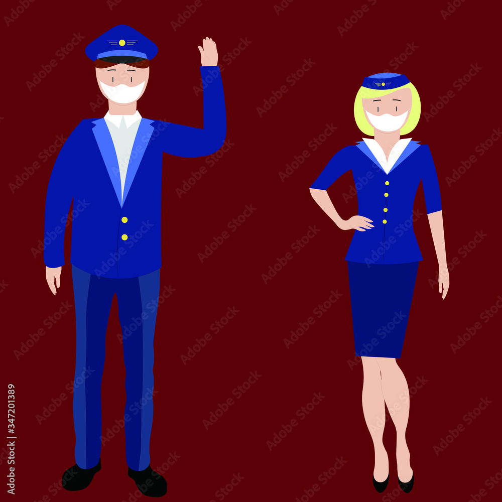 airplane pilot and stewardess with face masks  safe travel flight