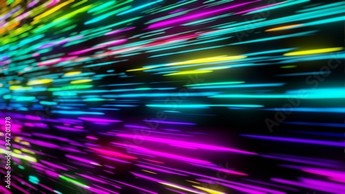 Colorful Neon light futuristic stream Data Communication flying into digital technologic animation 3D rendering