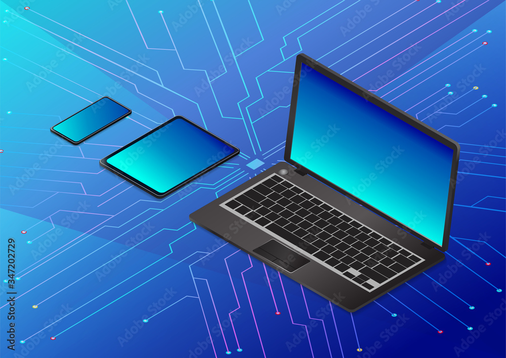 Isometric laptop, tablet, and smartphone on technology blue background Isometric laptop, tablet, and smartphone on technology blue background