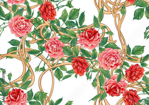 Vintage roses in a decorative imitation of a wicker basket made of twigs seamless pattern, background in art nouveau style, old, retro style. Colored vector illustration