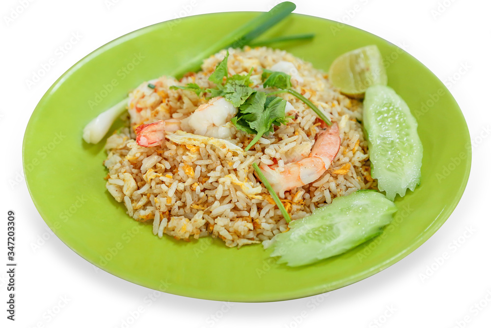 Fried rice with shrimp and fresh crab on white background. Fried rice with shrimp and fresh crab on white background.